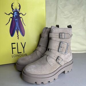 Fly London Jeda817fly Suede Leather Buckled Lug Boots Cream Women 35/4.5 NWB